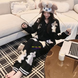 日本GP秋冬季软绵绵保暖半边绒睡衣可爱小兔子女士开衫家居服套装