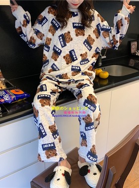 日系you gelato pique秋冬季情侣卡通小熊睡衣女加绒家居服套装GP