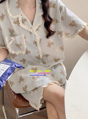 正品GP夏季短袖睡衣女ins可爱小熊格子纯棉纱布家居服两件套甜美
