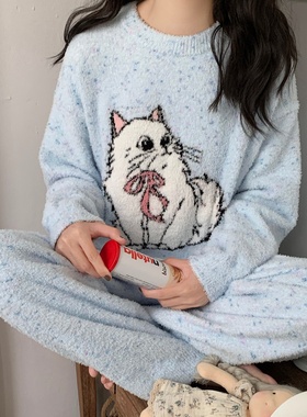 日本GP冬季半边绒加厚保暖睡衣甜美少女心小猫咪软绵绵家居服套装