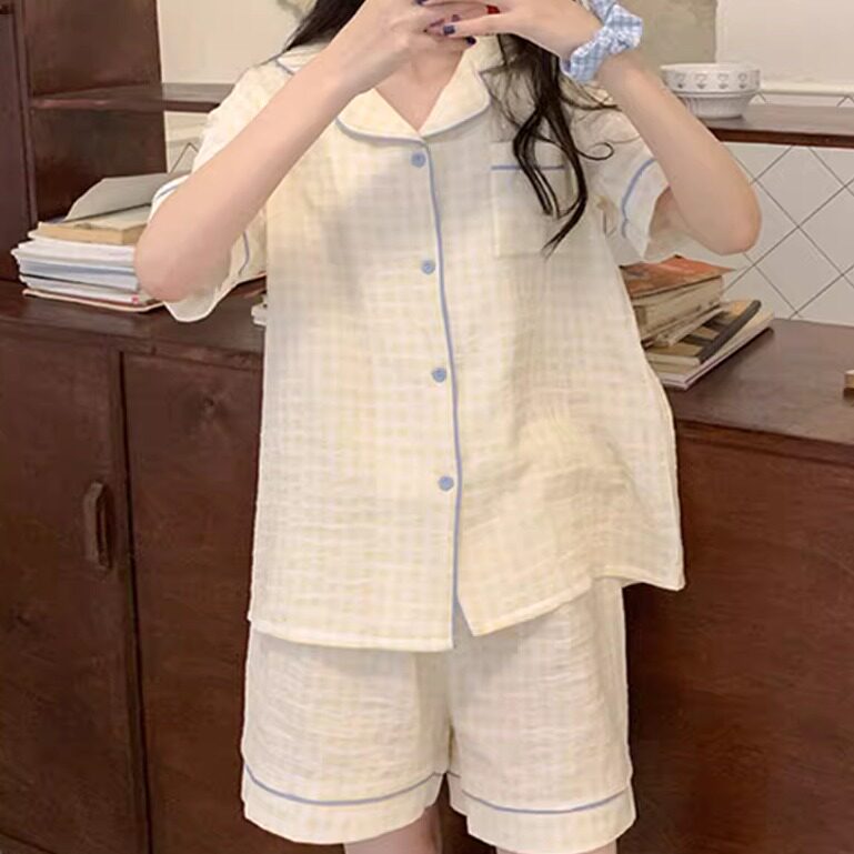女士纯棉小清新格子睡衣家居服