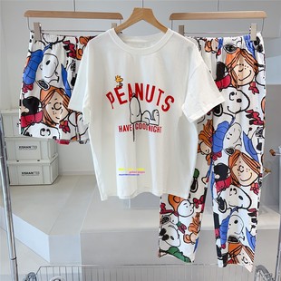 正品GP pique夏季睡衣女士纯棉卡通史努比涂鸦短袖长裤家居服套装