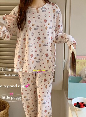 日本GP春秋针织棉螺纹木耳边睡衣女卡通华夫格凯蒂猫咪家居服套装