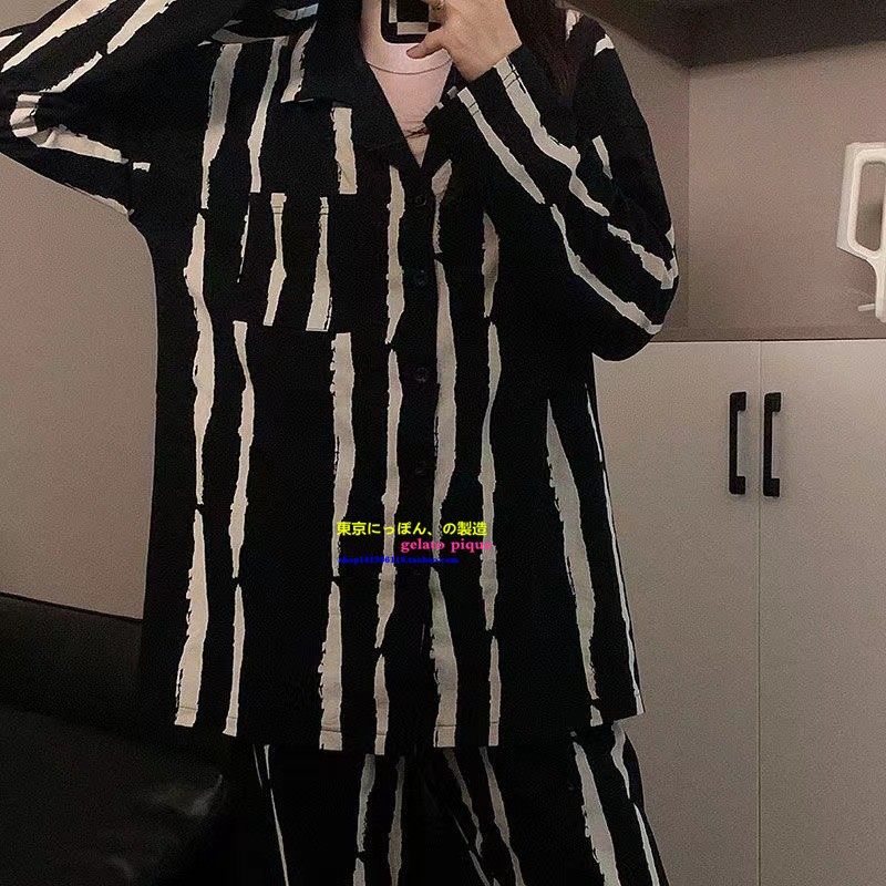 纯棉条纹情侣睡衣家居服黑色套装