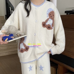 日本GP冬季软绵绵半边绒睡衣女帽子抱枕熊开衫加厚保暖家居服套装
