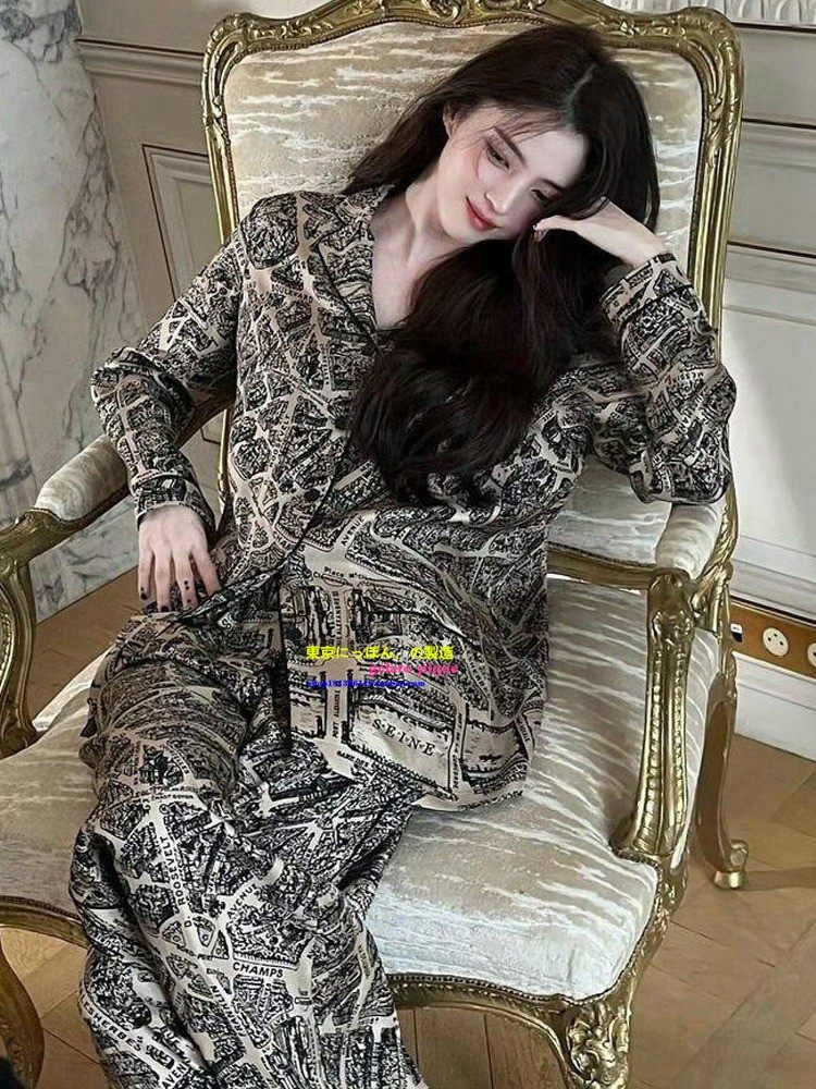 春秋女真丝印花睡衣家居服套装
