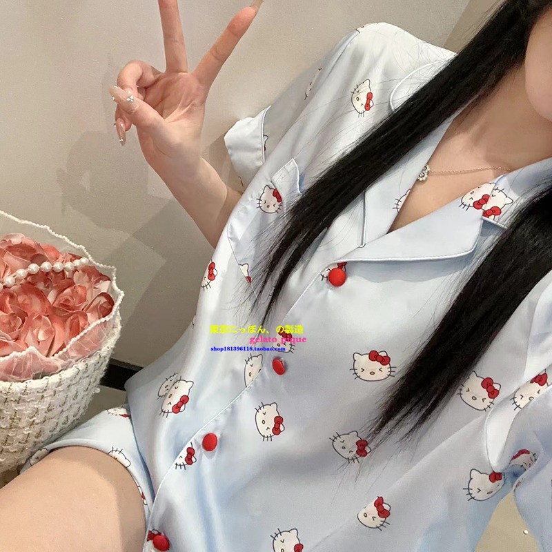 日本GP夏季新款真丝睡衣女薄款凯蒂猫kitty短袖短裤可爱家居服套