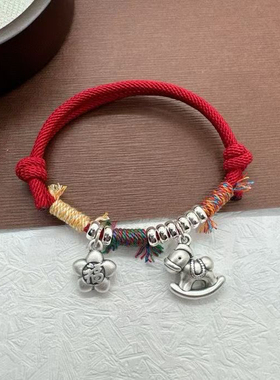 足银999福星盘缠红绳手链女本命年马年编织手绳复古马上有钱手饰