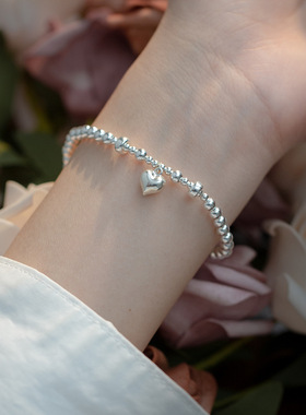 足银925纯银爱心手链女款圆珠转运珠年轻款细款简约百搭小清新手