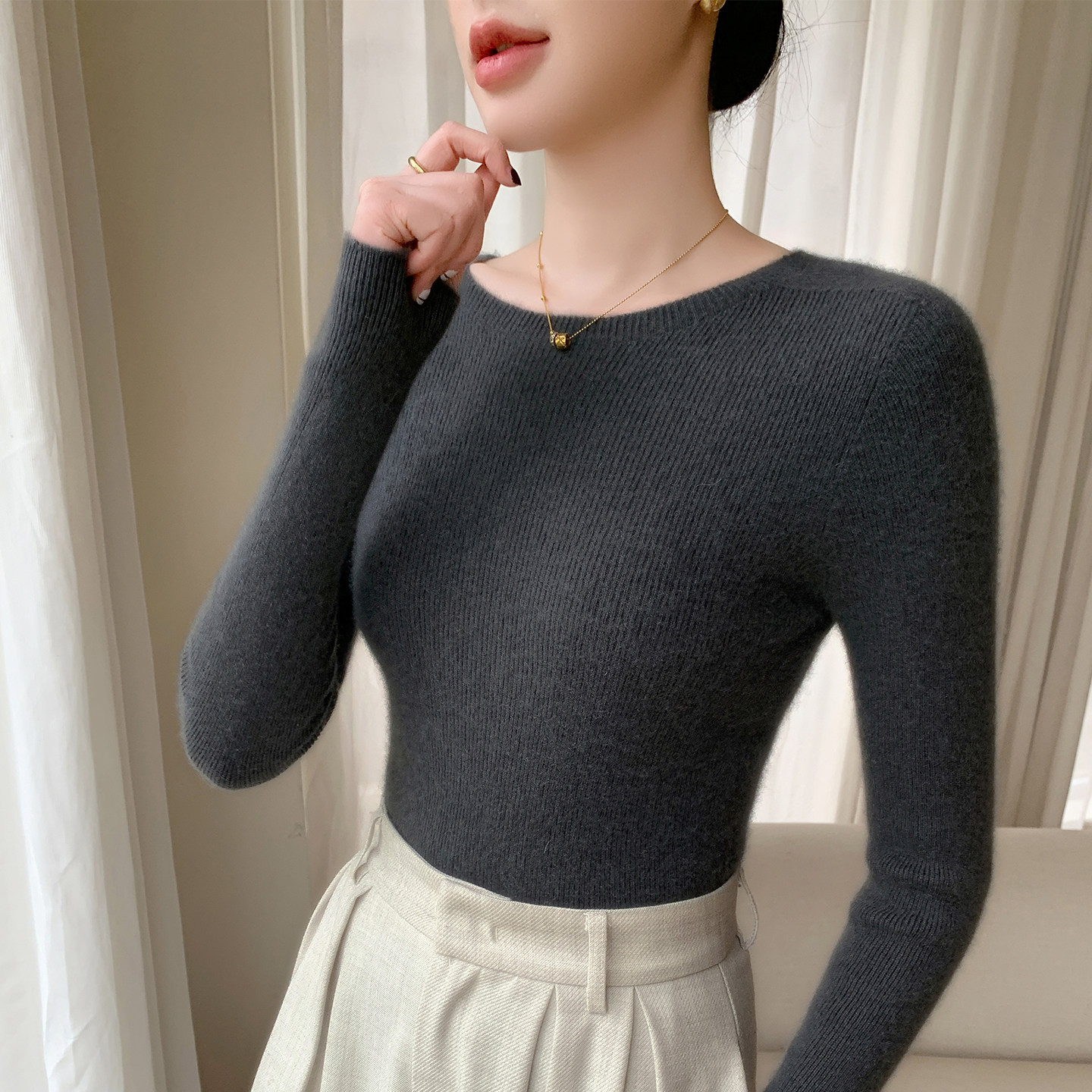 高级灰无缝一体圆领羊毛针织衫毛衣女秋冬修身长袖打底衫紧身内搭