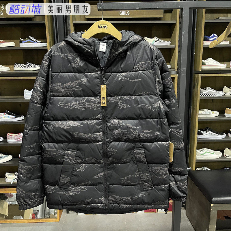 VANS范斯 两面穿羽绒服虎纹黑色男子连帽保暖冬季外套VN0A3HY2XGS