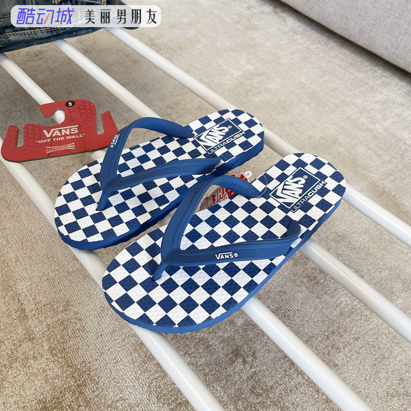 vans范斯 蓝白棋盘格男女运动休闲拖鞋人字拖沙滩鞋vn0a3mtl3i0