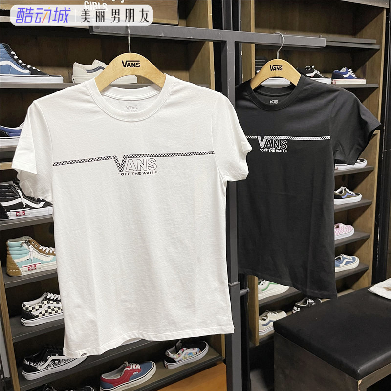VANS范斯 女子夏季透气短袖LOGO印花运动休闲T恤VN0A3ZO6WHT/BLK