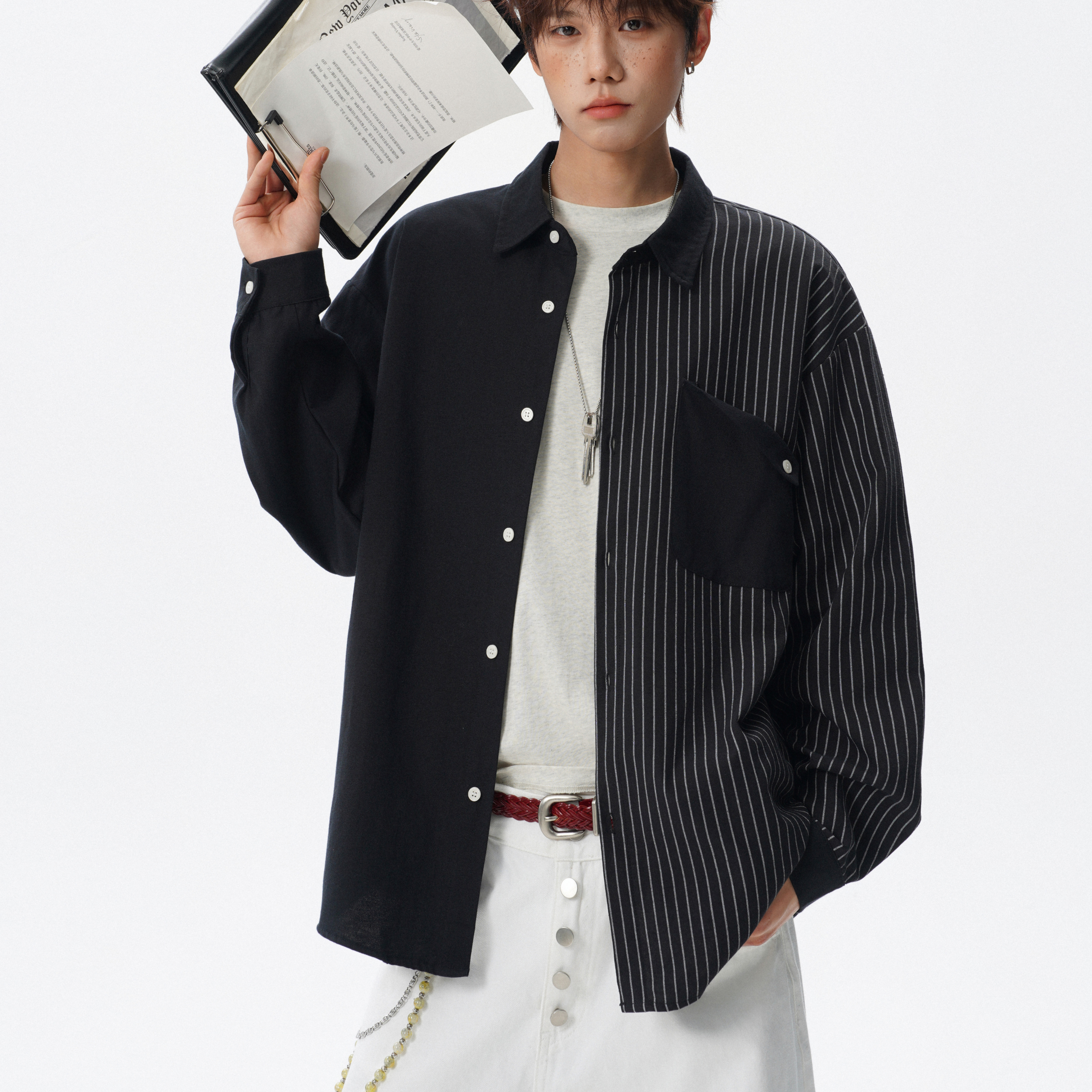 痞帅拼接条纹衬衫男春秋季休闲长袖衬衣外套男装高级感穿搭一整套