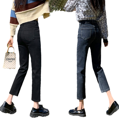 黑色高腰直筒牛仔裤九分烟管裤子