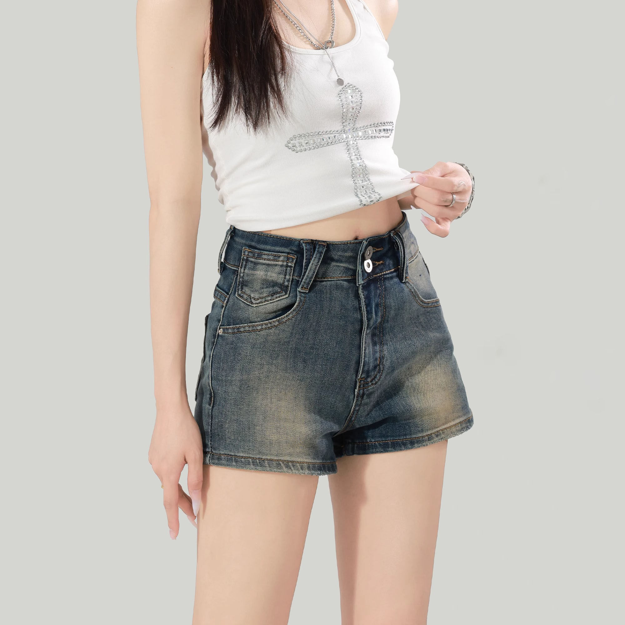 复古蓝高腰牛仔短裤女夏季图片
