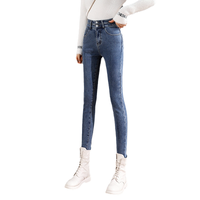 加绒加厚高腰小脚牛仔裤女