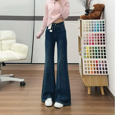 加绒复古蓝高腰微喇牛仔裤女