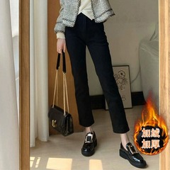 小香风九分烟管牛仔裤女2023秋冬新款高腰黑色加绒窄版八分直筒裤