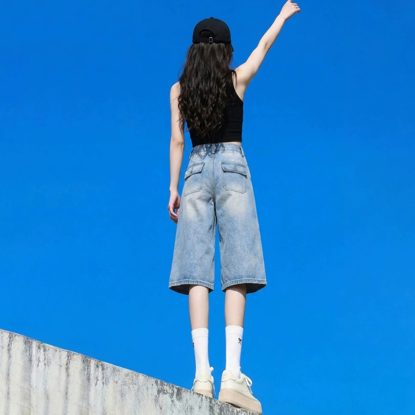 浅色阔腿牛仔短裤女夏季小个子2026新款垂感休闲百搭七分直筒裤子