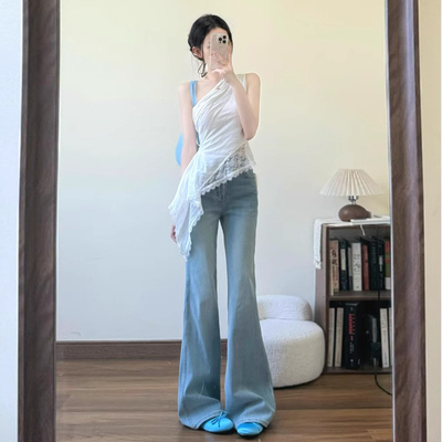 浅蓝高腰宽松微喇牛仔裤女