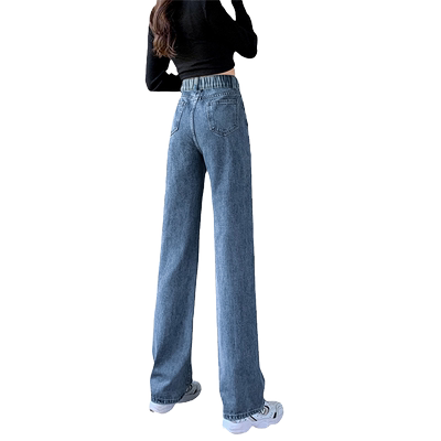 松紧腰牛仔裤女高腰显瘦直筒2022新款夏季薄款垂感宽松阔腿拖地裤