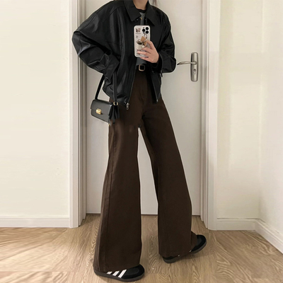 美拉德咖啡色微喇牛仔裤女