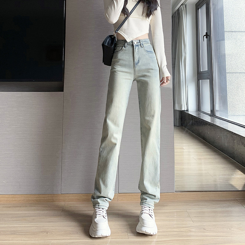 黄泥染窄版牛仔裤女潮