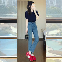 夏季高腰薄款小直筒牛仔裤女深色复古蓝八九分小个子法棍烟管裤子