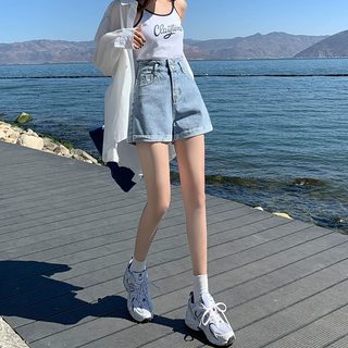 浅色高腰a字牛仔短裤女2024年夏季薄款显瘦宽松阔腿辣妹超短热裤