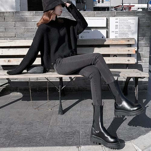 烟灰色小脚牛仔裤女秋冬加绒