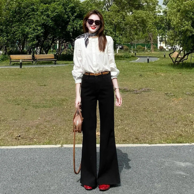 黑色高腰辣妹微喇牛仔裤女秋