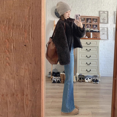 加绒复古微喇牛仔裤女2025