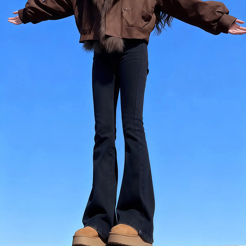 黑色高腰微喇牛仔裤女冬季2025新款弹力修身辣妹风加绒马蹄喇叭裤
