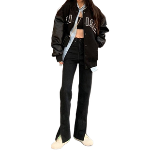 高腰前开叉牛仔裤女显瘦黑色开衩宽松阔腿垂感分叉拖地微喇叭长裤