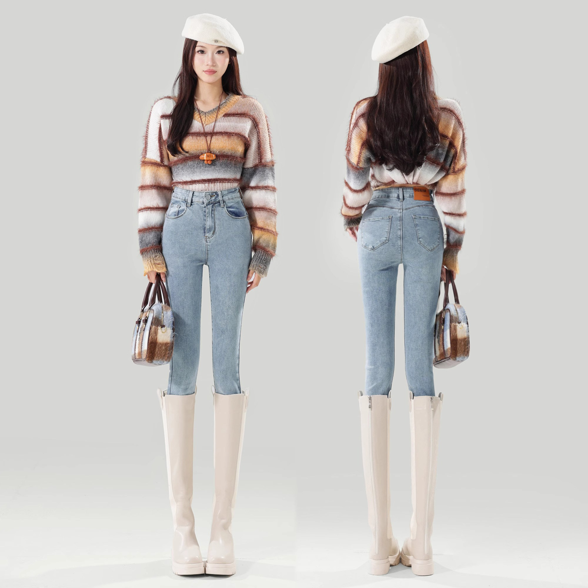 加绒浅蓝色高腰小脚牛仔裤女