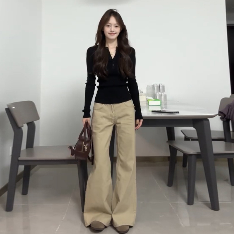 美拉德卡其低腰微喇牛仔裤女