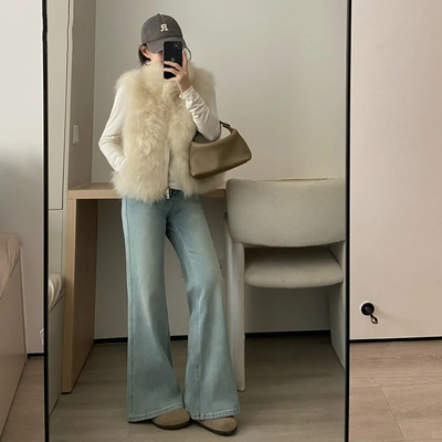 加绒加厚美式高腰微喇牛仔裤女