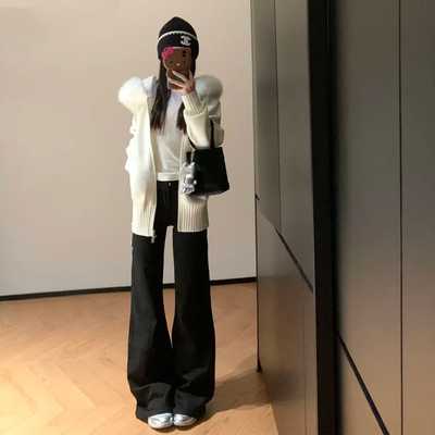 加绒黑色美式低腰微喇牛仔裤女