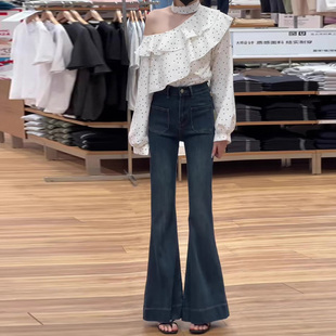 水泥灰阔腿微喇牛仔裤女2025秋季新款加绒高腰显瘦拖地喇叭裤春秋