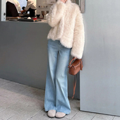 加绒浅蓝色高腰微喇牛仔裤 显瘦垂感拖地马蹄喇叭裤 女冬季 2025新款