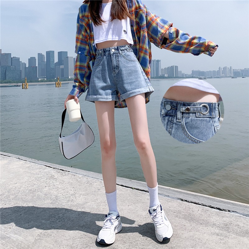高腰宽松卷边牛仔短裤女薄款