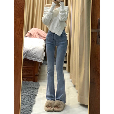 浅蓝色高腰微喇牛仔裤女2023春季新款小个子设计感拖地加长喇叭裤