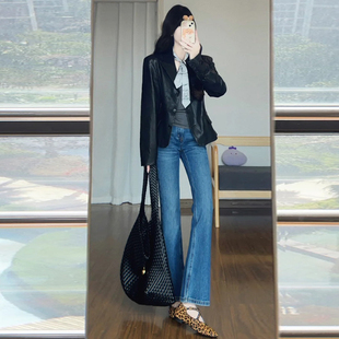 美式复古微喇牛仔裤女高腰加绒2025新款秋冬季显瘦修身加厚喇叭裤