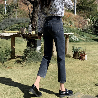 蓝灰色直筒牛仔裤女2022新款春季高腰百搭显瘦九分小个子烟管裤子