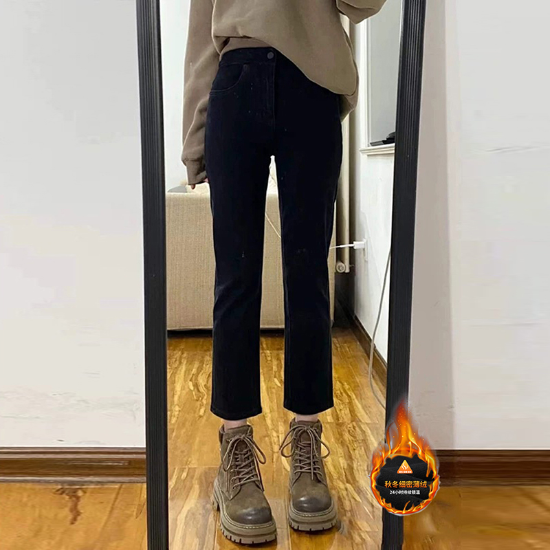 加绒黑色小个子百搭直筒牛仔裤女