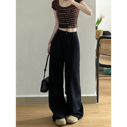 黑色窄版褶皱阔腿牛仔裤女早秋