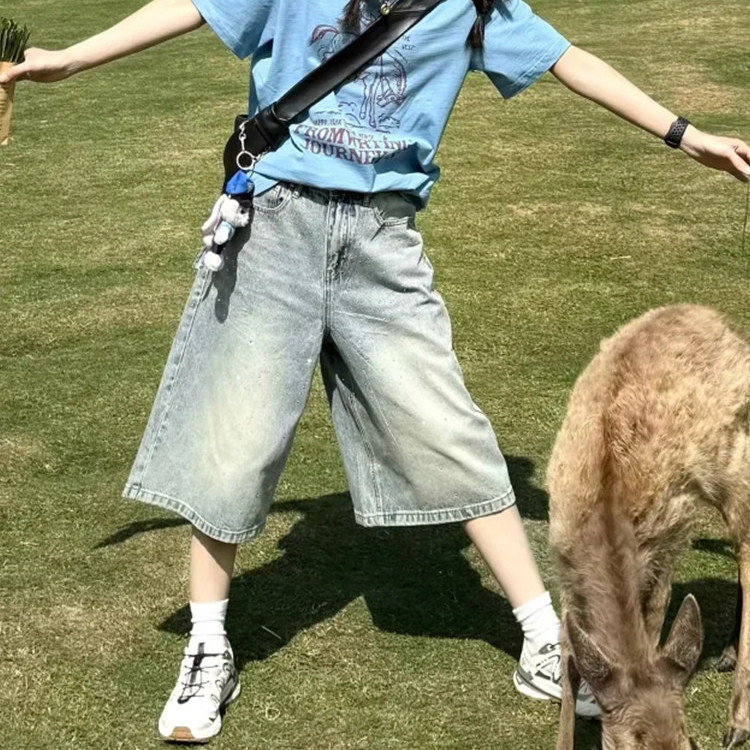 浅色烫钻七分阔腿牛仔裤女2026夏季新款高腰宽松薄款七分直筒中裤