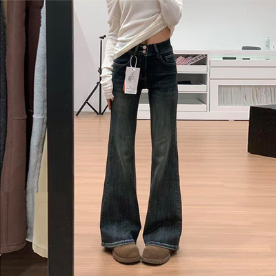 加绒美式复古高腰微喇牛仔裤女