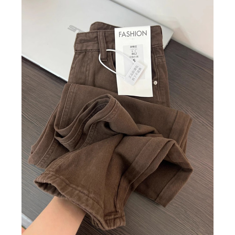 加绒加厚咖啡色宽松直筒牛仔裤女